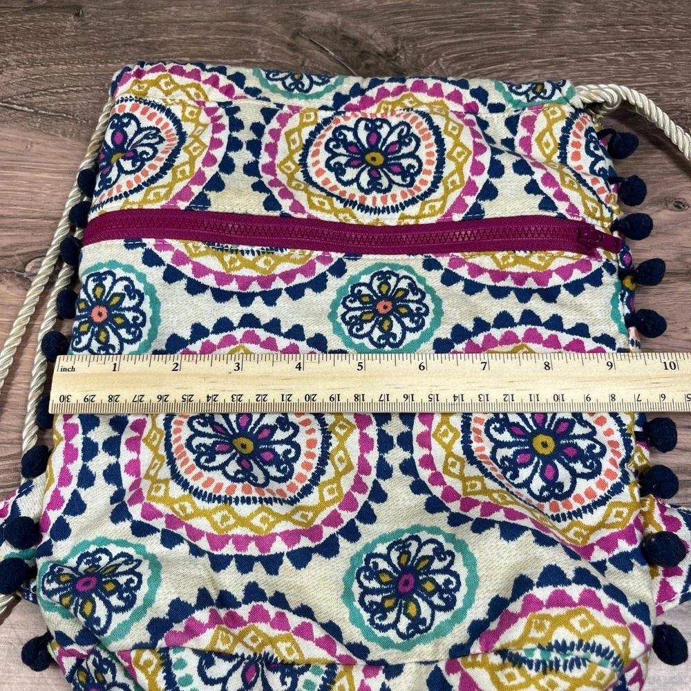 Douglas Company‎ Drawstring Backpack Multicolor Medallion Pom-Pom Trim Boho